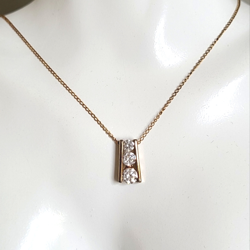 Vintage 18" Gold Plated Sterling Silver Crystal Trinity Row Drop Necklace